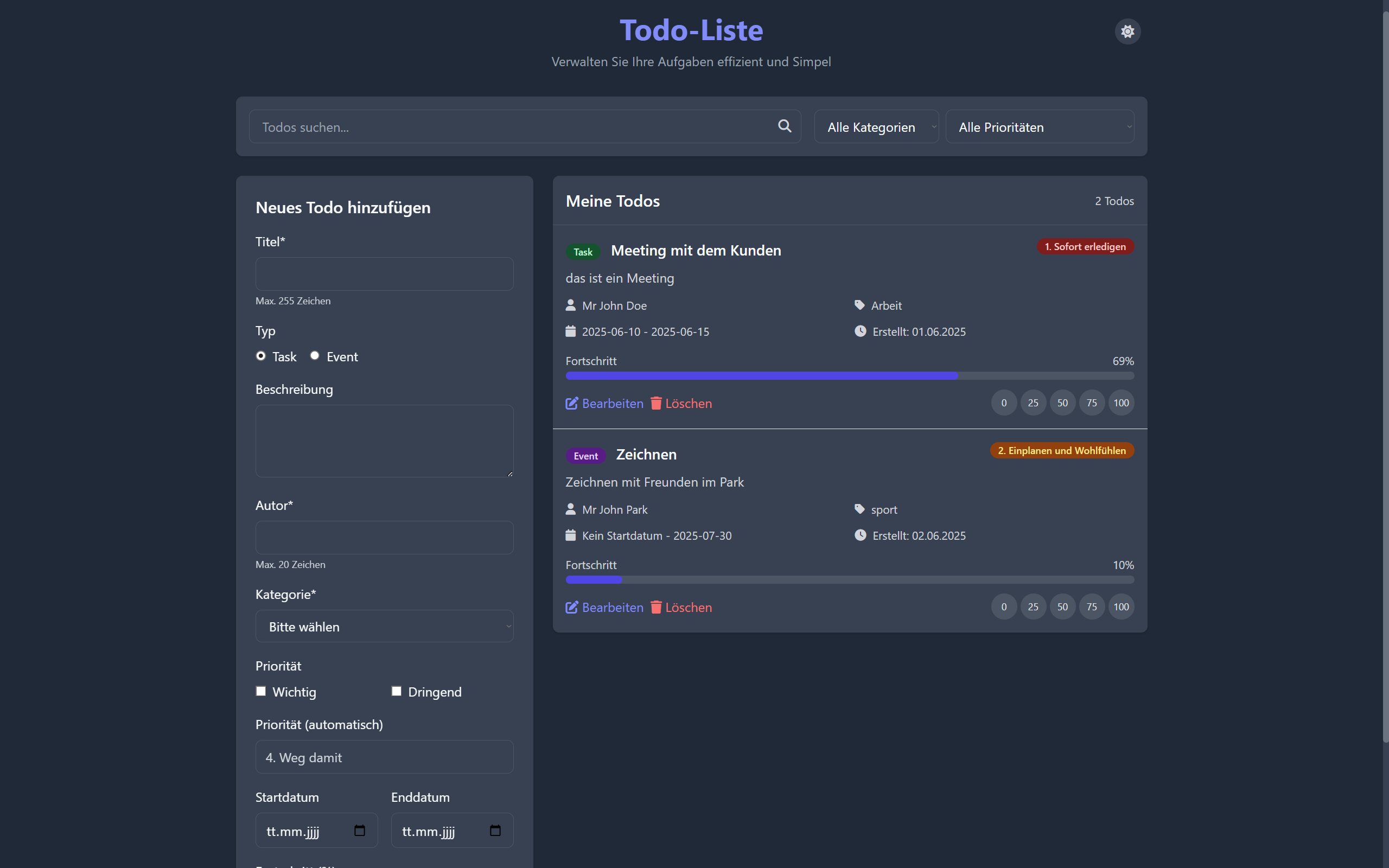 Todo-Liste dark mode overview
